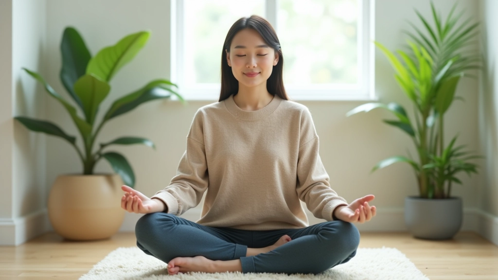 Person meditating in peaceful room with natural light and plants, calm environment