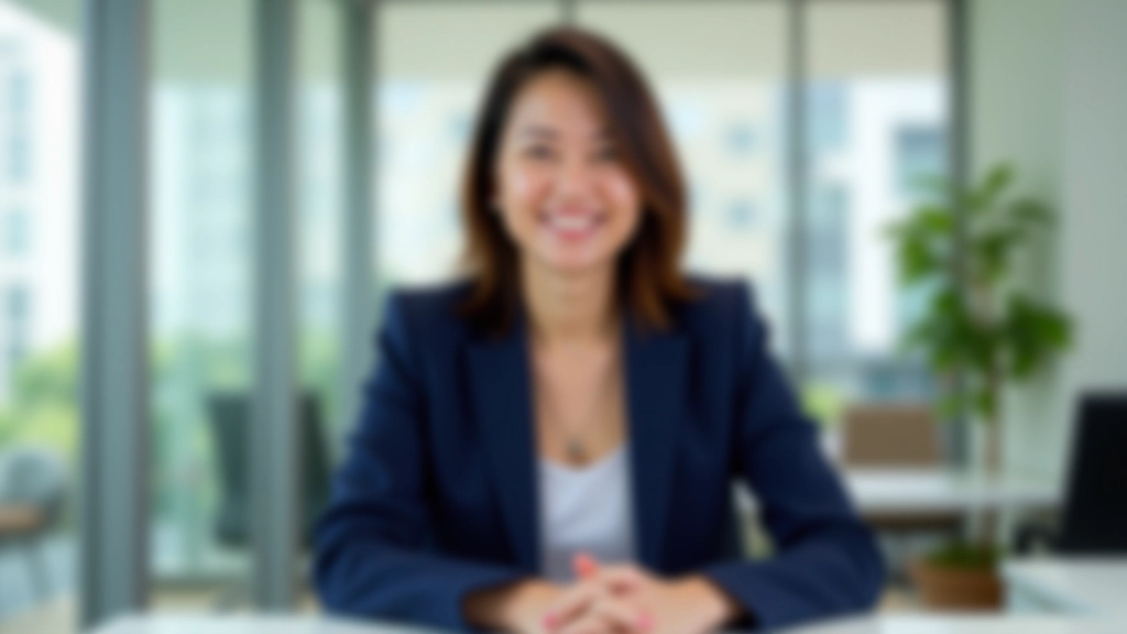 Professional woman in blazer sitting at modern desk with notebook and coffee cup, bright office environment